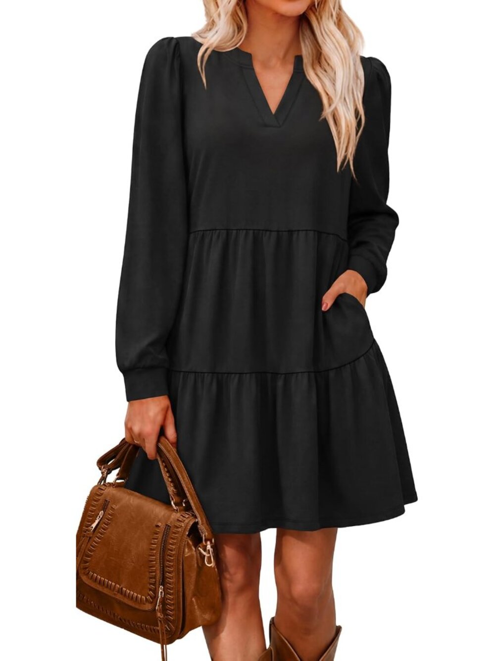 Chic V-Neck Tiered Fall Dress with Pockets for Women